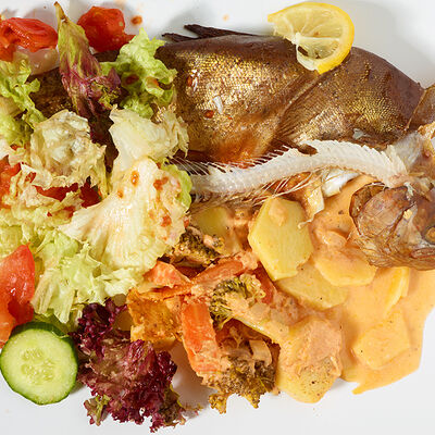 Verschiedene Speisereste wie Fisch, Kartoffeln und Salat auf einem Teller