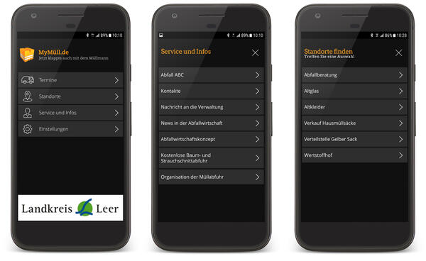 Smartphone mit drei geöffneten Seiten der MyMüll-App:
Startseite, die Seite "Service und Infos" sowie die Seite "Standorte".