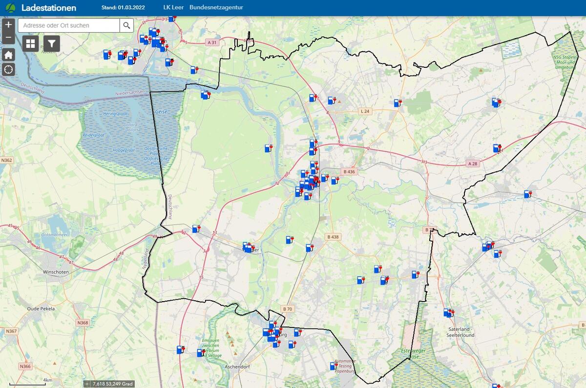 Karte mit Ladepunkten f&uuml;r Elektrofahrzeuge im Landkreis Leer