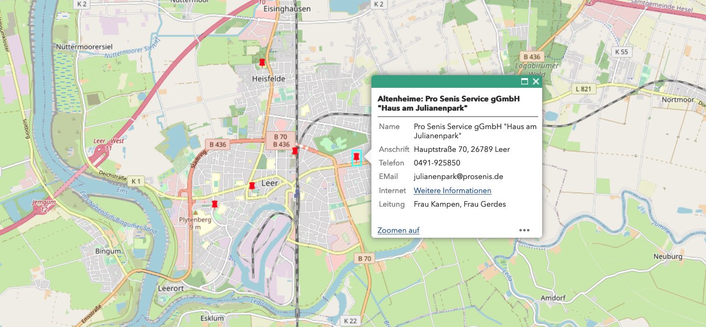 Screenshot der interaktiven Karte aller Altenheime im Landkreis Leer
