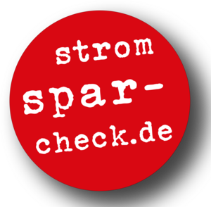 Roter Kreis mit weißer Schrift: Logo zur Initiative stromsparcheck.de