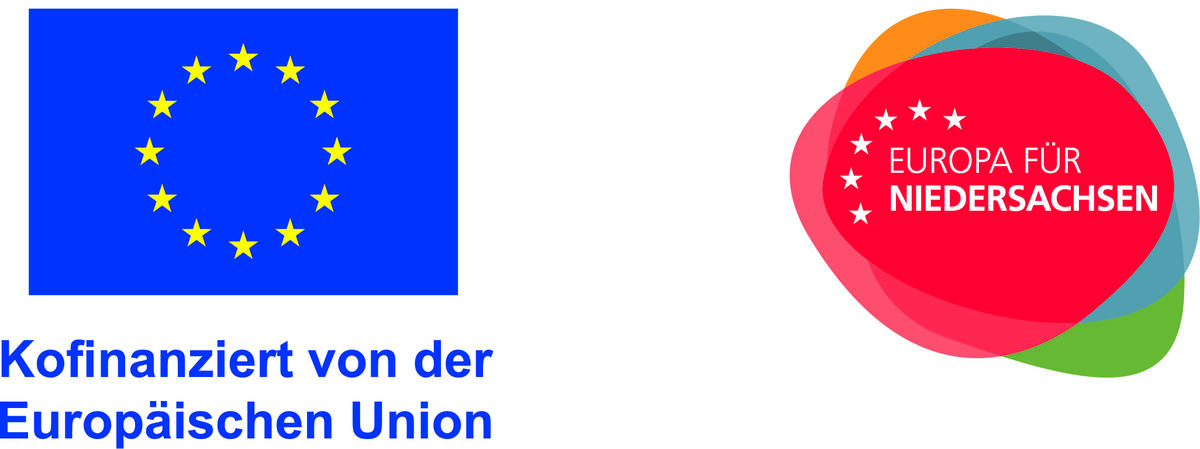 Kombination des Logos der aktuellen Förderperiode Europäischer Sozialfonds mit der europäischen Flagge und des Logos Europa für Niedersachsen