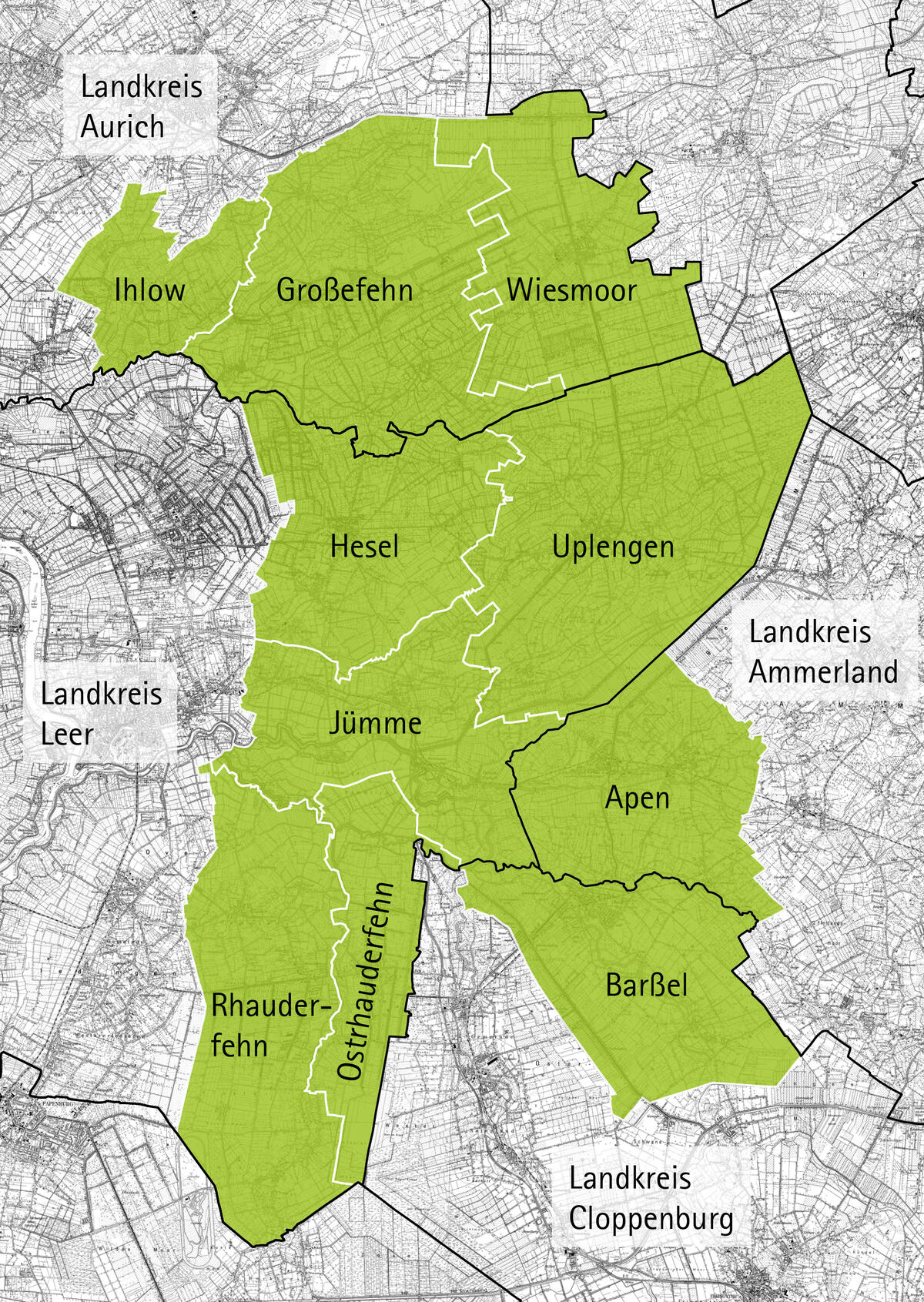 Karte der LEADER-Region Fehngebiet mit den Mitgliedskommunen Ihlow, Großefehn, Wiesmoor, Hesel, Uplengen, Jümme, Rhauderfehn, Ostrhauderfehn, Apen und Barßel.