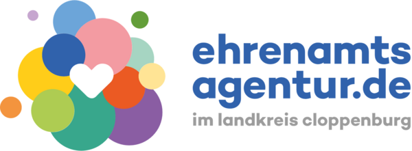 Das Bild zeigt das Logo der Ehrenamtsagentur Cloppenburg. Viele bunte Kreise sammeln sich um ein wei&szlig;es Herz in der Mitte.