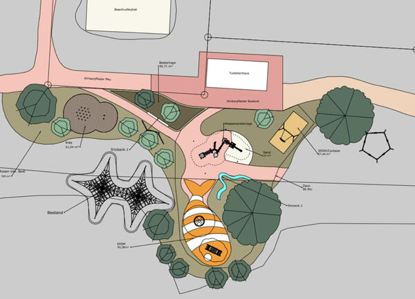 Das Bild zeigt einen Plan des zu bebauenden Gel&auml;ndes mit den verschiedenen Spielelementen.