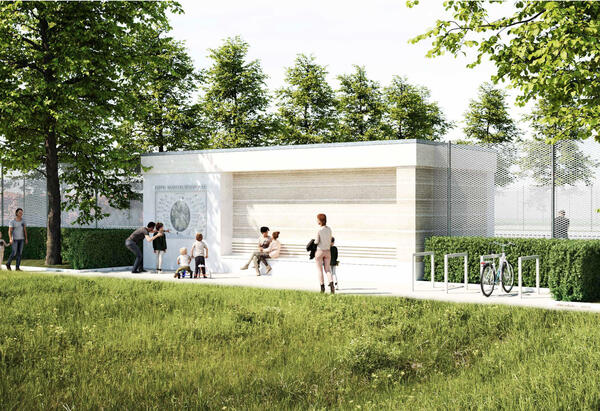 Das Bild zeigt eine fiktive Abbildung des geplanten Pavillons. Menschen spazieren daran vorbei oder sitzen auf B&auml;nken. Um den Pavillon herum sind B&auml;ume und Gr&uuml;nfl&auml;chen.