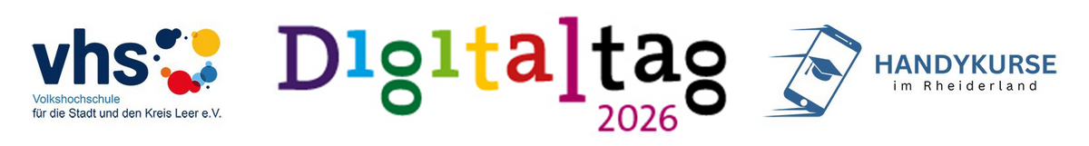 Banner mit den Logos der Volkshochschule Leer, dem Digitaltag 2025 und Handykurse im Rheiderland.
