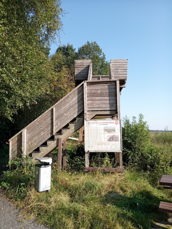 Ein h&ouml;lzerner Aussichtsturm mit Treppe steht am Rand des Naturgebiets. An der Vorderseite ist eine Informationstafel angebracht. Daneben stehen ein Abfalleimer und eine Bank.