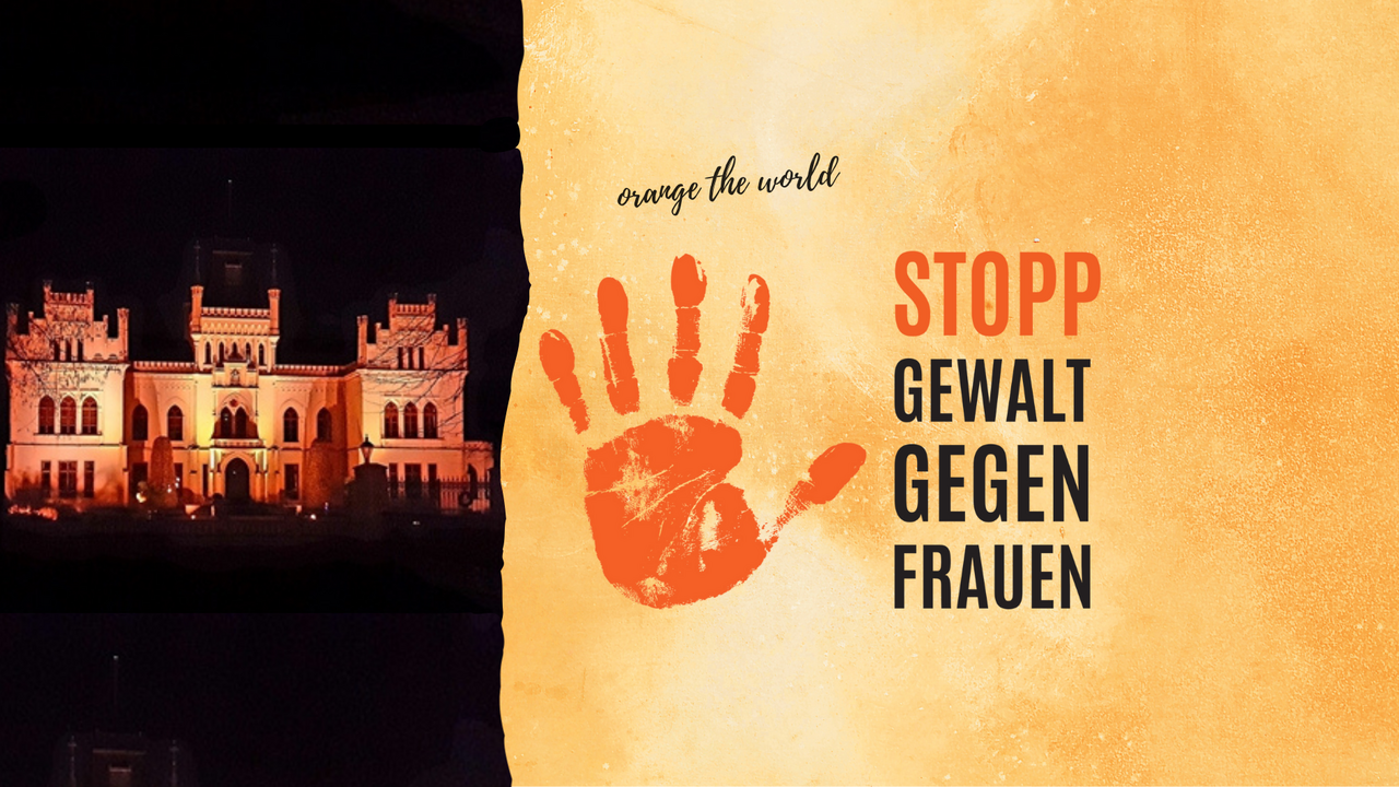 Banner zum Orange Day; Stopp Gewalt gegen Frauen mit orangenem Handabdruch, www.gewalt-stoppen.org,
