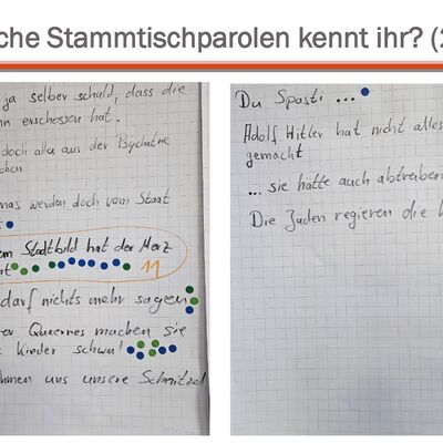 Fotoprotokoll von einer Flipchart mit der Frage "Welche Stammtischpraolen kennt ihr?", Teil 2