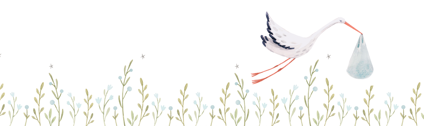 Illustration: Storch mit Beutel im Mund fliegt &uuml;ber eine Wiese