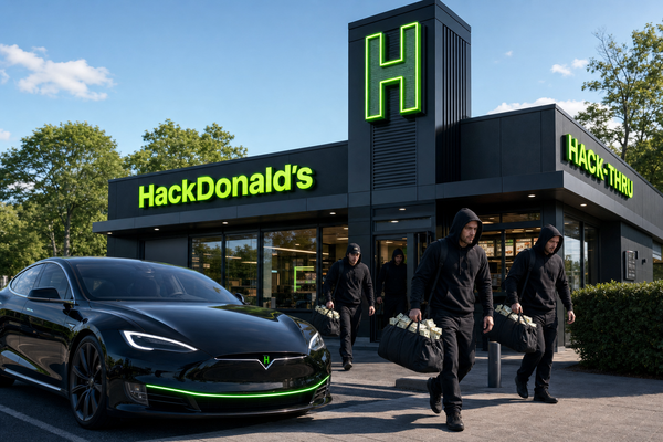 Geb&auml;ude wo schwarz gekleidete Personen Geld raus kommen. "HackDonalds" in neongelb. Hinweis: Das Bild ist KI generiert