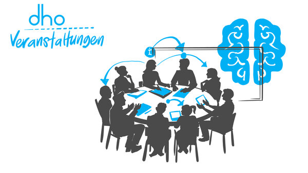 Personen als Schwarze Silhouette an einem Tisch und blaue Comiczeichnungen zum Beispiel ein Gehirn oder Zettel auf dem Tisch mit dem Schriftzug "dho Veranstaltungen"