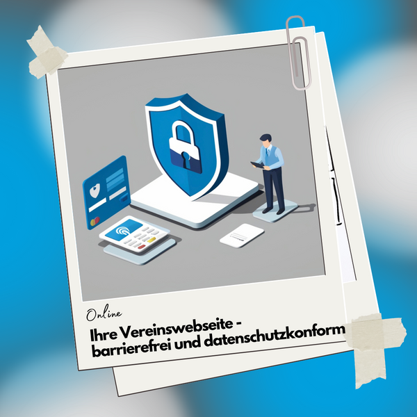 Auf dem Bild ist ein gro&szlig;es blaues Schlosssymbol, daneben steht eine Person mit einem Notebook in der Hand.