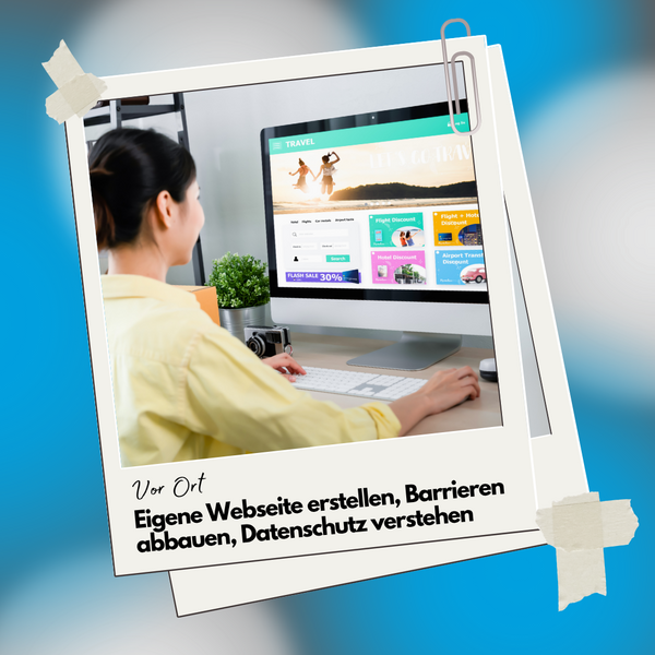 Auf dem Bild sitzt eine Frau an einem Notebook und schaut sich eine Webseite an. Sie tr&auml;gt eine gelbe Bluse und hat braune Haare.