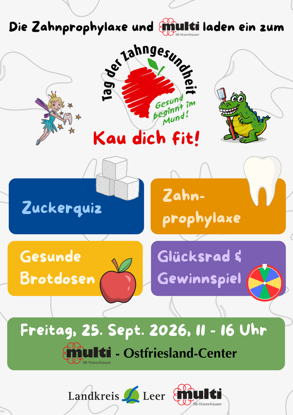 Plakat zum Tag der Zahngesundheit am Freitag, 25. September 2026 mit Zuckerquiz, Zahnprophylaxe, gesunden Brotdosen, Gl&uuml;cksrad und Gewinnspiel. 11 bis 16 Uhr, Multi Ostfriesland-Center